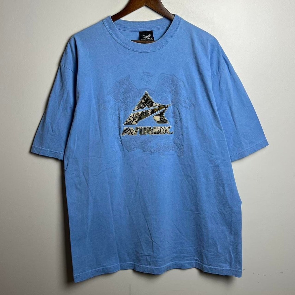 Y2K Avirex Baggy Baby Blue Center Logo Tee Shirt XL